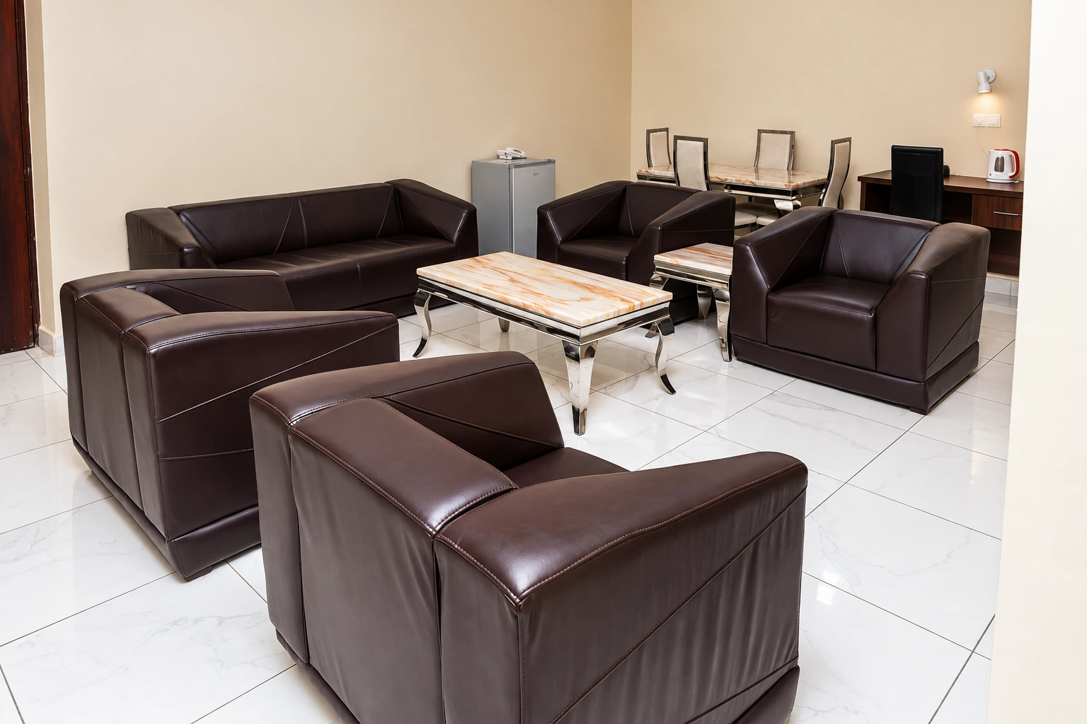 Main lounge and dining space in the Royal Suite at HASKE Hotel Luxury